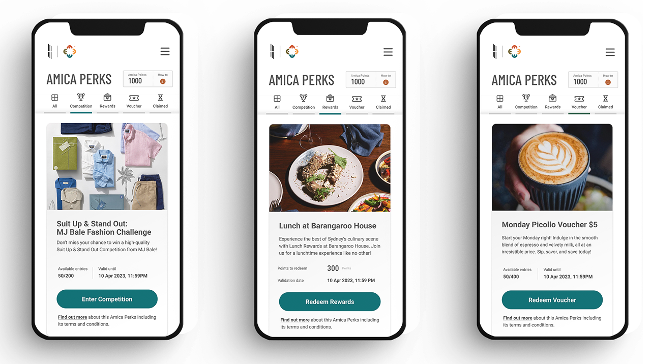 Amica Perks app showing competitions, rewards and vouchers across three phone screens